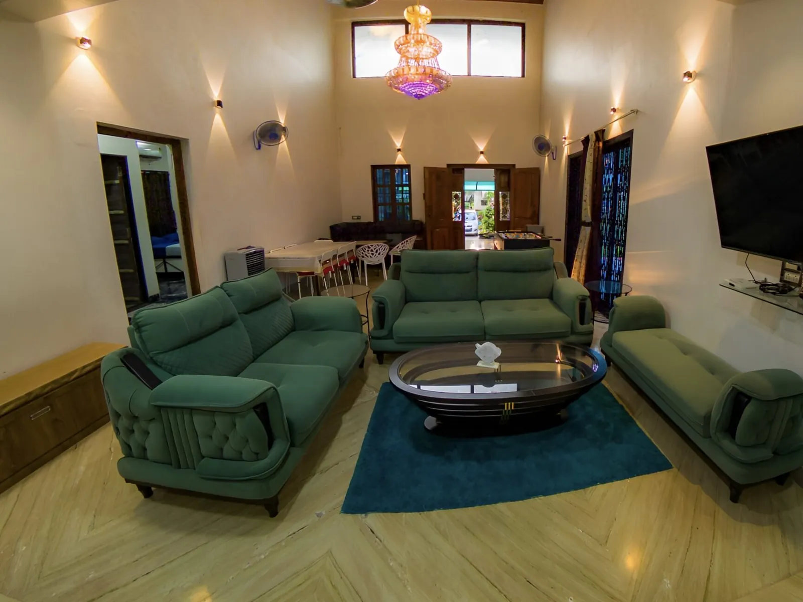 Double-height living hall at Megh Villa